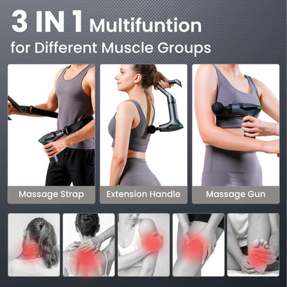 Black 3-in-1 Massage Gun with Extendable Handle & Back Strap – 12-Speed Deep Tissue Muscle Massager, 4 Attachments, USB-C Charging, for Athletes, Gym Recovery & Seniors - Image 2