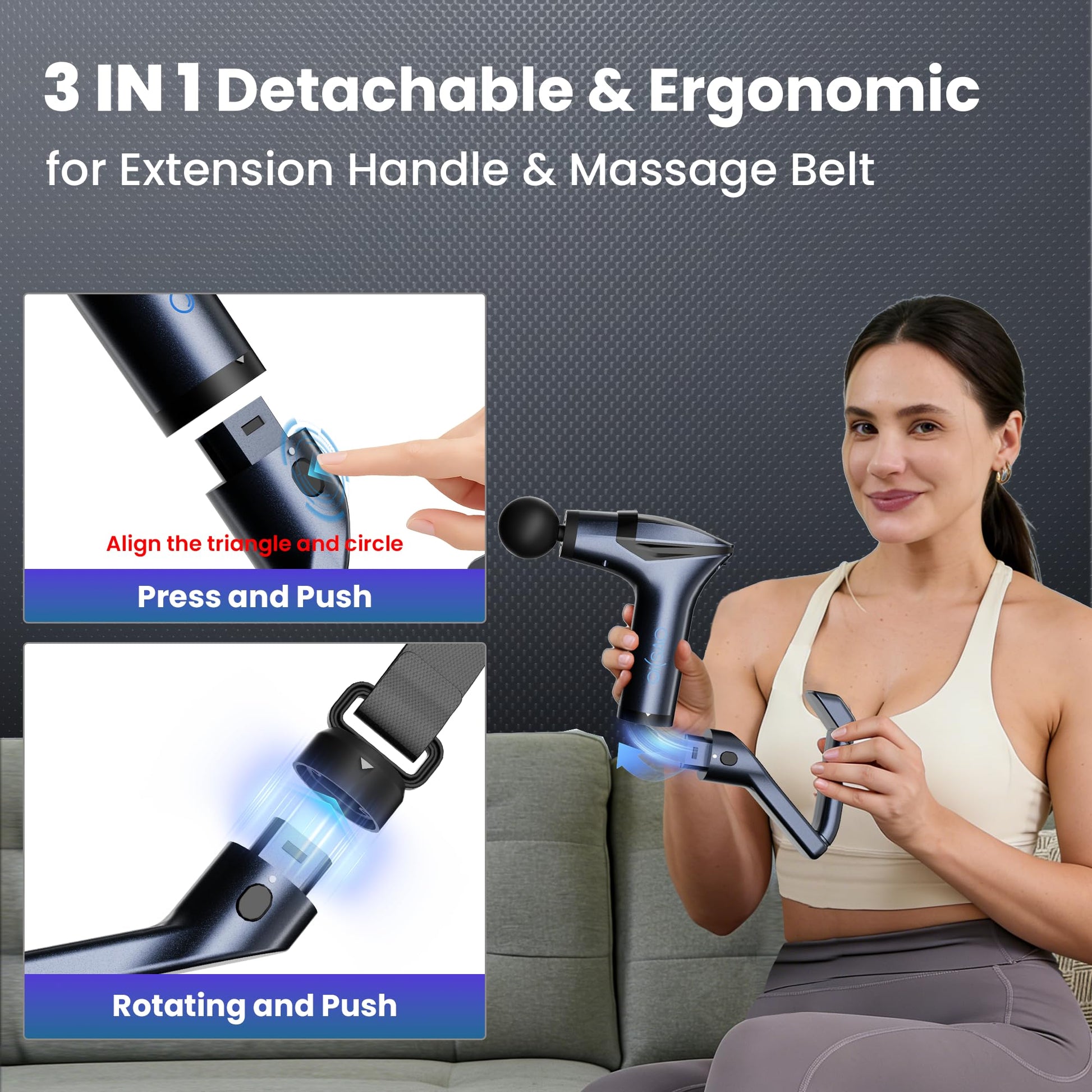 Black 3-in-1 Massage Gun with Extendable Handle & Back Strap – 12-Speed Deep Tissue Muscle Massager, 4 Attachments, USB-C Charging, for Athletes, Gym Recovery & Seniors - Image 4