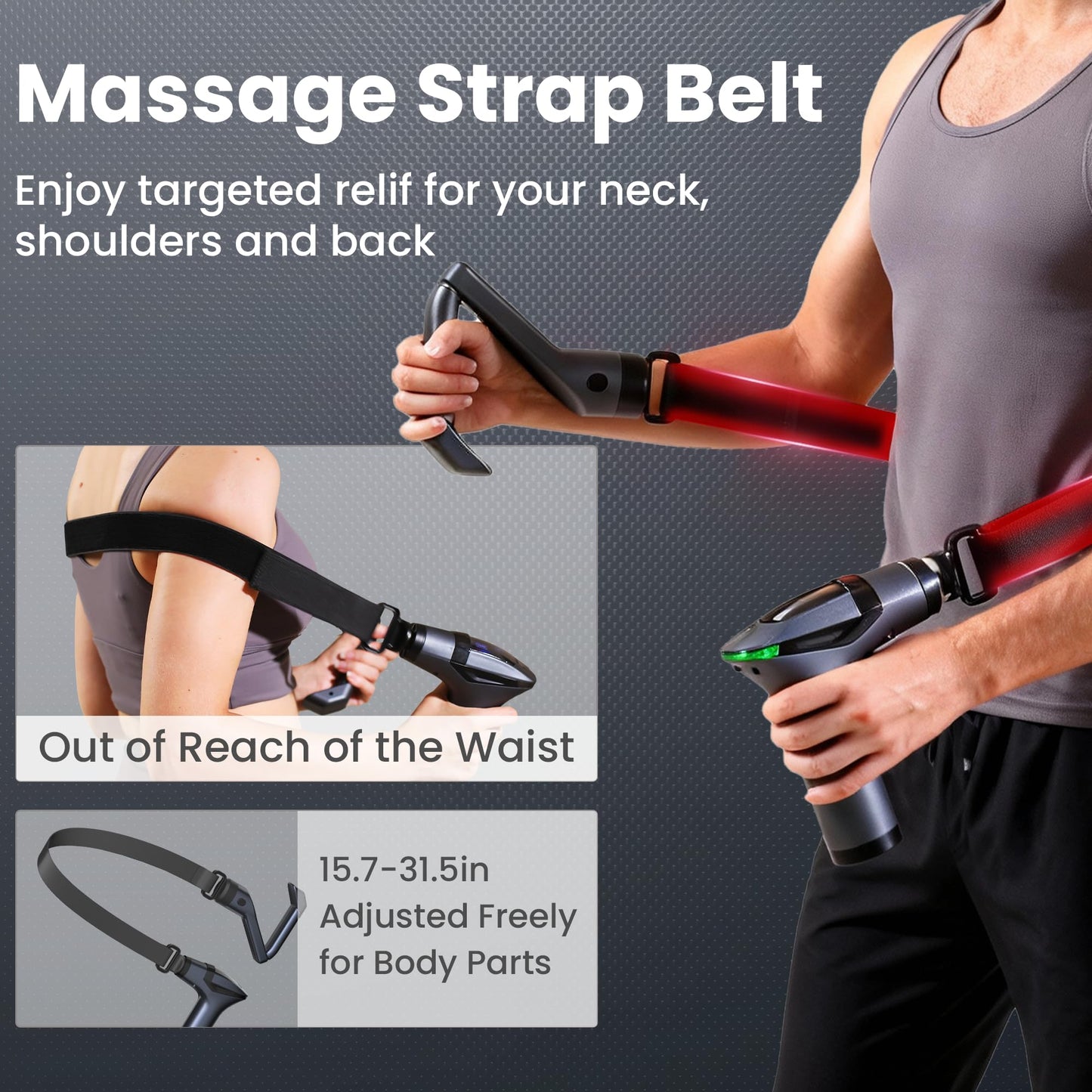 Black 3-in-1 Massage Gun with Extendable Handle & Back Strap – 12-Speed Deep Tissue Muscle Massager, 4 Attachments, USB-C Charging, for Athletes, Gym Recovery & Seniors - Image 5