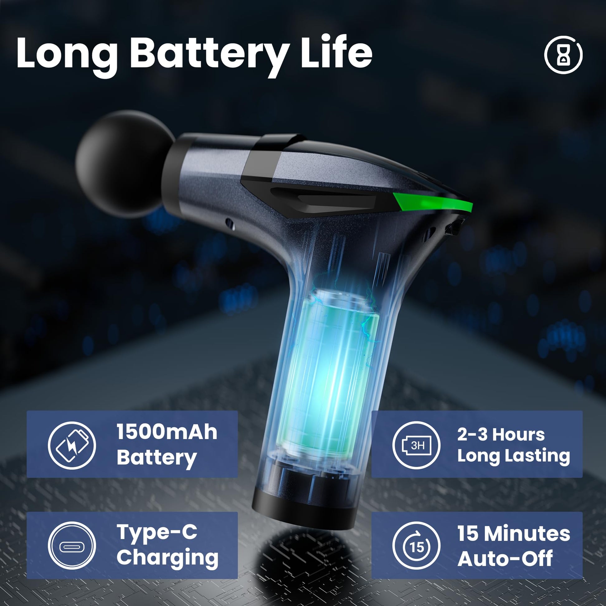 Black 3-in-1 Massage Gun with Extendable Handle & Back Strap – 12-Speed Deep Tissue Muscle Massager, 4 Attachments, USB-C Charging, for Athletes, Gym Recovery & Seniors - Image 8