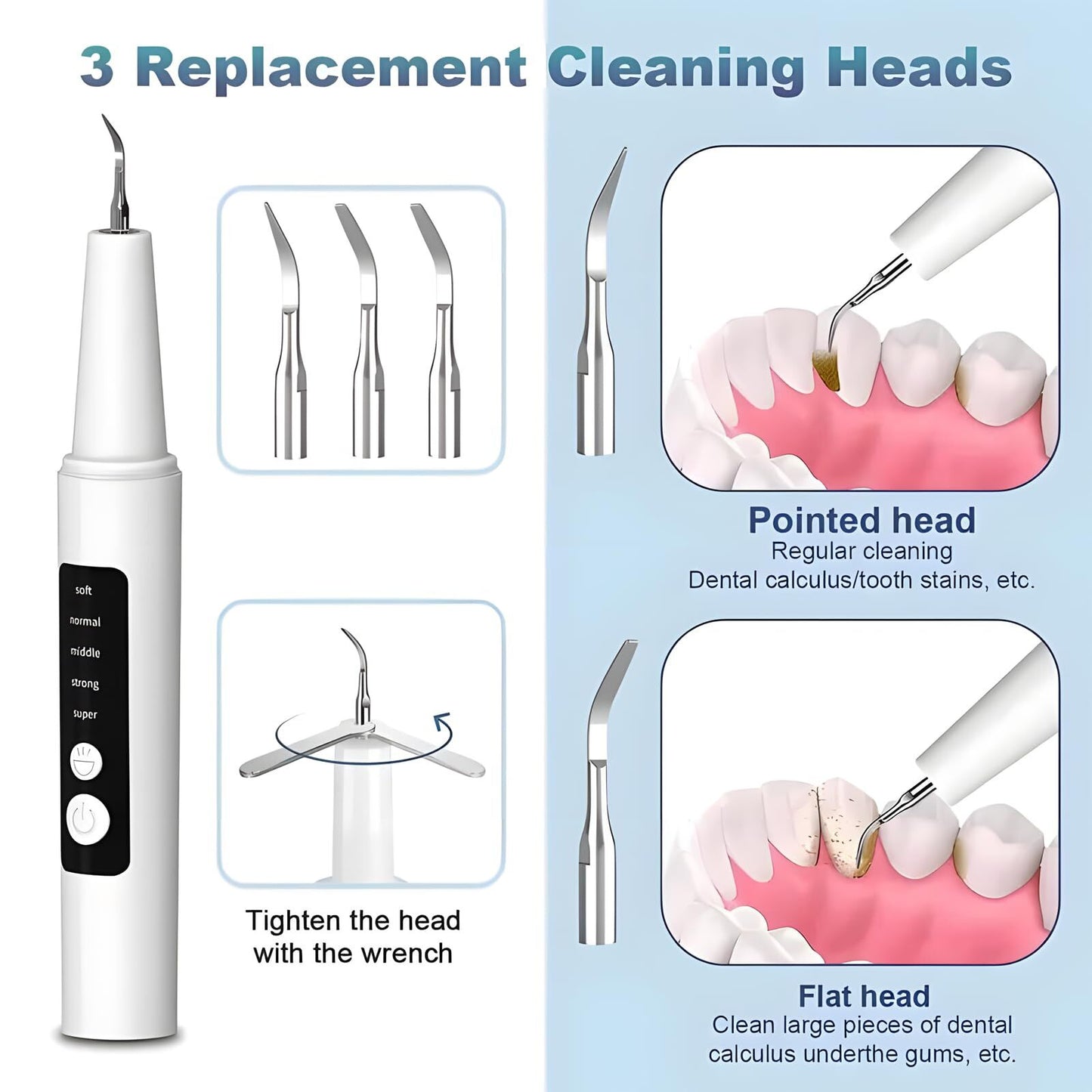 High-End Ultrasonic Tooth Cleaner with LED Light & Smart Gum Protection – 5 Modes, IPX7 Waterproof, Rechargeable, 3 Replacement Tips (White)  - Image 4