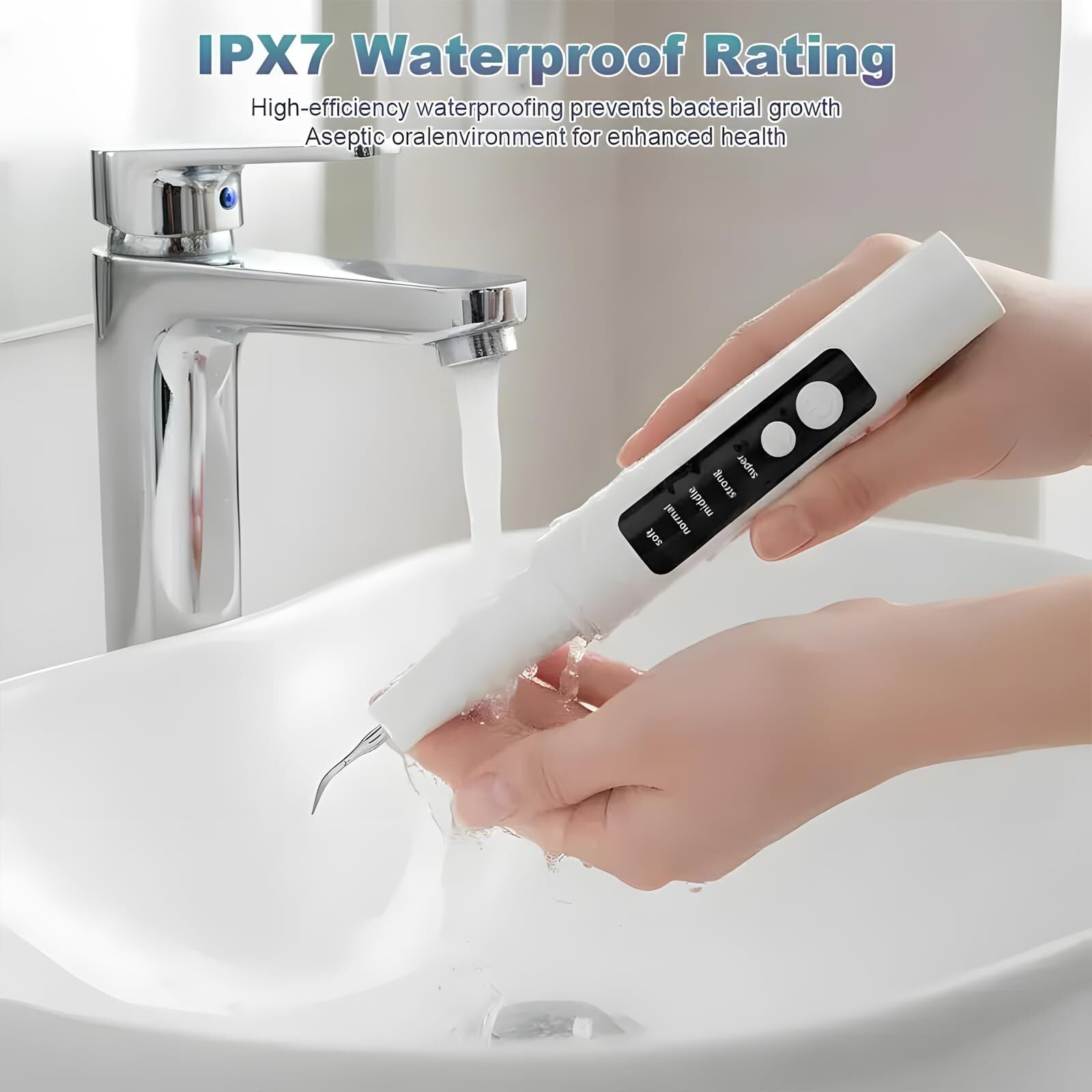 High-End Ultrasonic Tooth Cleaner with LED Light & Smart Gum Protection – 5 Modes, IPX7 Waterproof, Rechargeable, 3 Replacement Tips (Black) - Image 6