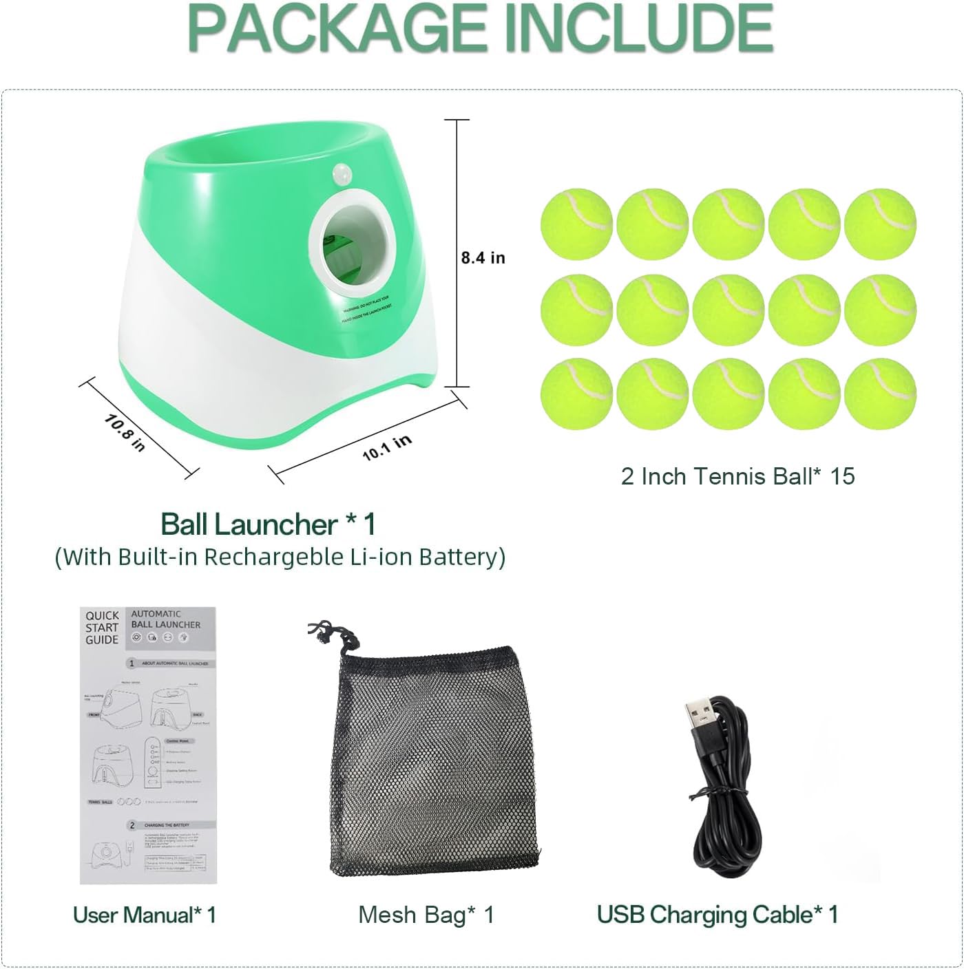 Automatic Dog Ball Launcher with 15 Mini Tennis Balls & Mesh Bag – Rechargeable Pet Toy for Small Dogs, Adjustable Launch Distance, Interactive Play (Green) - Image 5