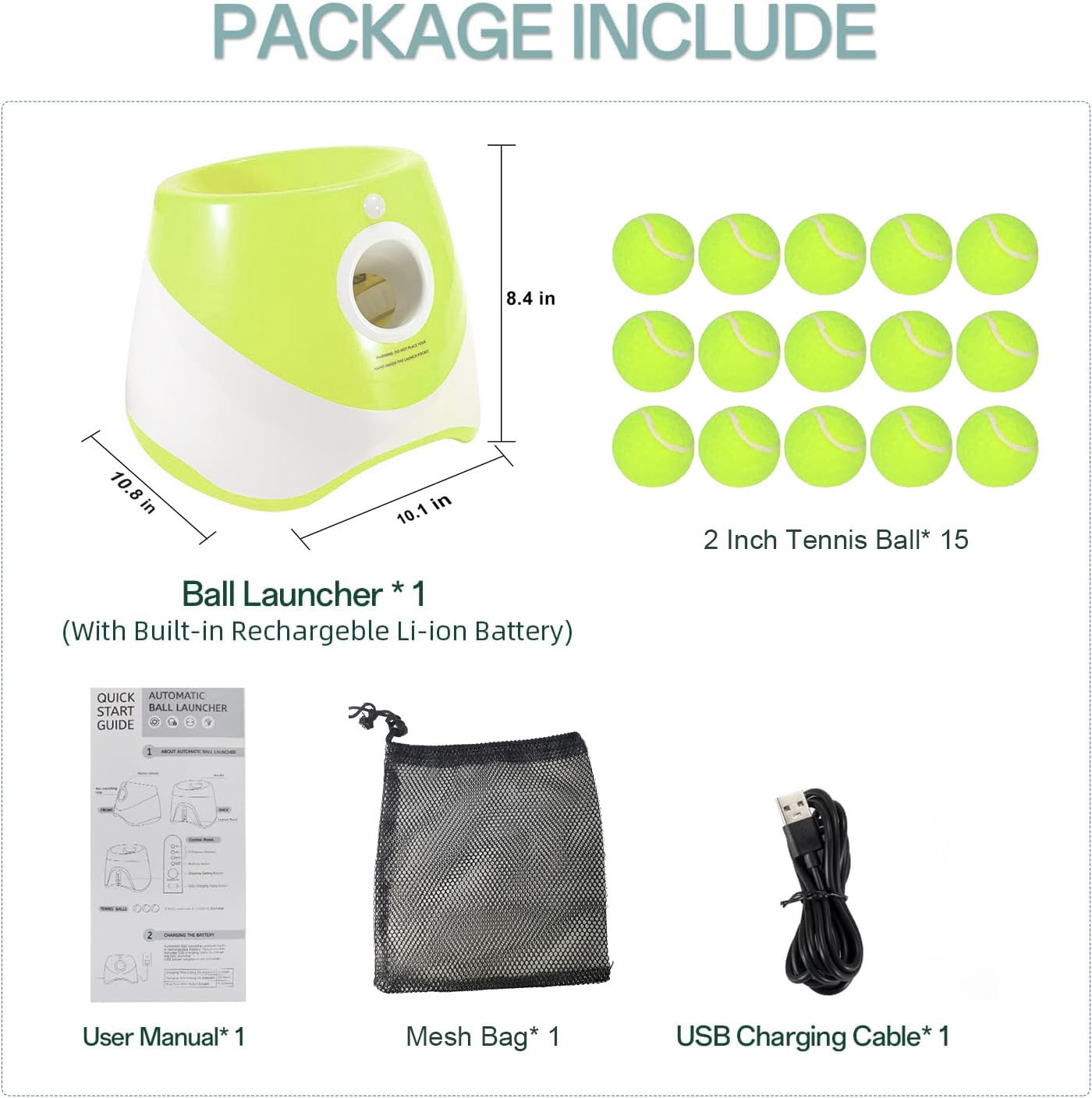Automatic Dog Ball Launcher with 15 Mini Tennis Balls & Mesh Bag – Rechargeable Pet Toy for Small Dogs, Adjustable Launch Distance, Interactive Play (Light Green) - Image 5