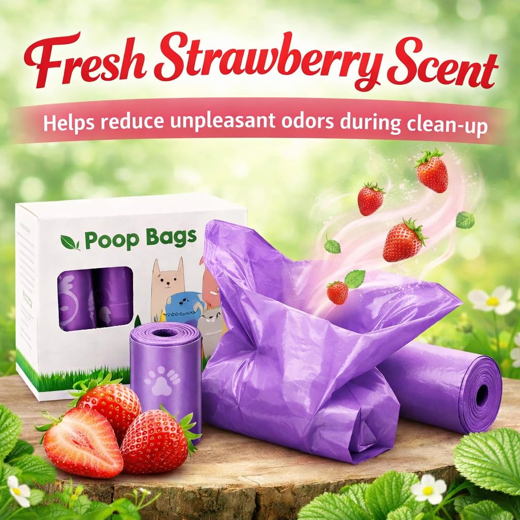 Dog Poop Bags with Dispenser – 300 Count, Leak-Proof, Strawberry Scented, Large Size for All Dogs, Biodegradable & Durable (Purple) - Image 2