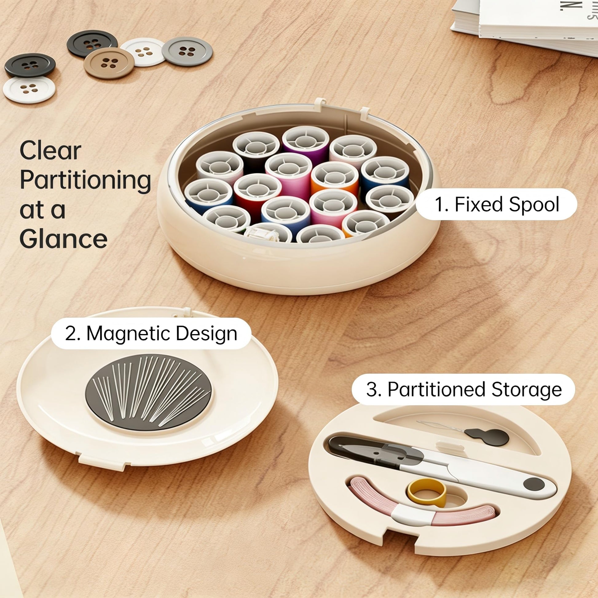 Modern Magnetic Sewing Kit – Compact Travel Sewing Box with Strong Magnetic Lid, 16-Thread Spools & Tools, Portable Needle Organizer for Home & On-the-Go Use (Beige) - Image 6