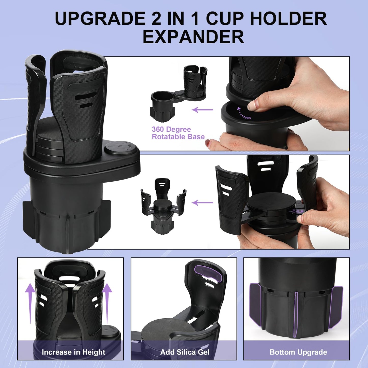 Dual Cup Holder Expander with 360° Rotating Tray – Adjustable Drink & Snack Organizer for Cars, Trucks, SUVs and RVs (Black) - Image 2
