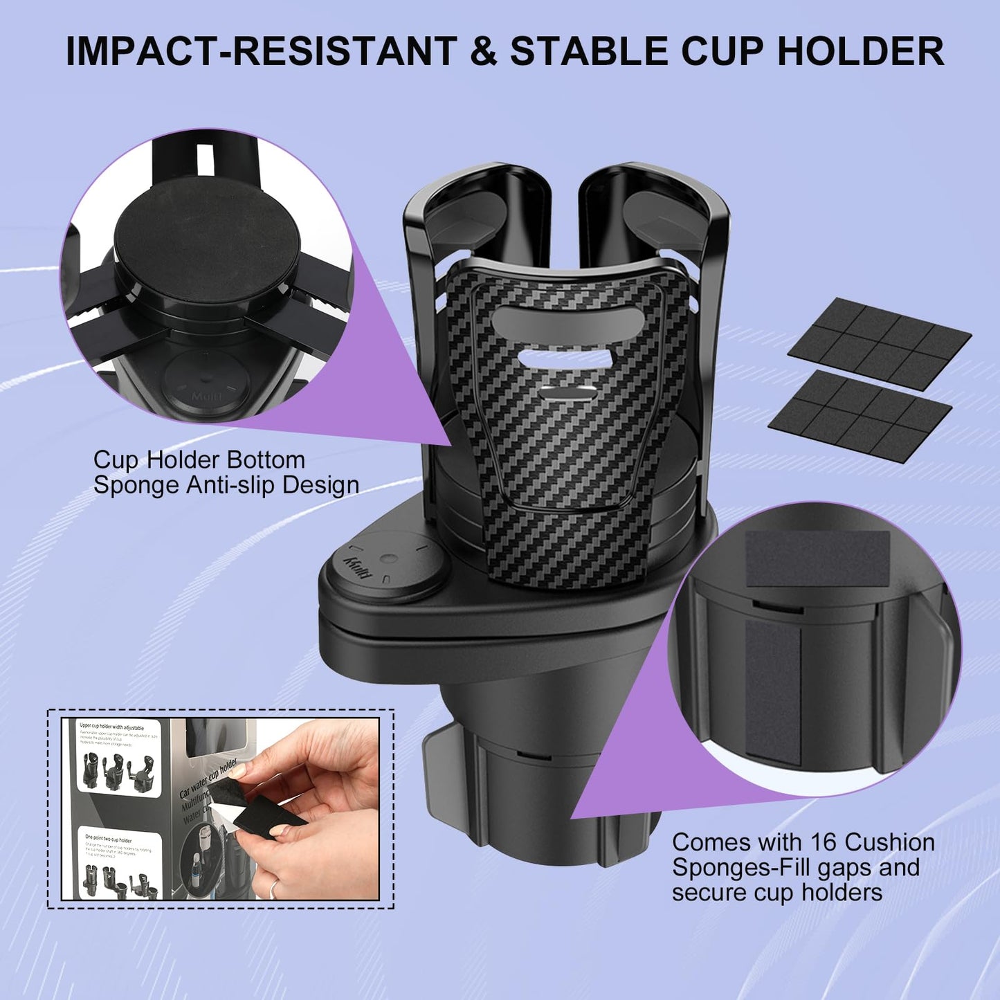 Dual Cup Holder Expander with 360° Rotating Tray – Adjustable Drink & Snack Organizer for Cars, Trucks, SUVs and RVs (Black) - Image 3