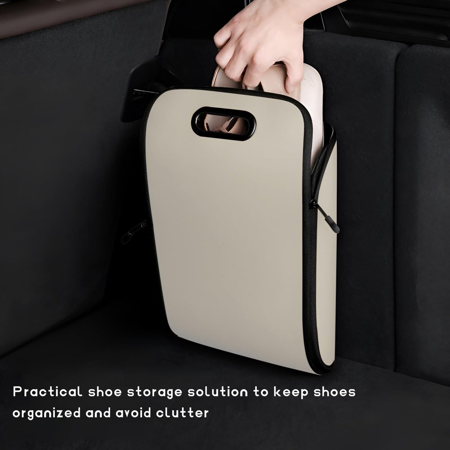 Car Shoe Storage Box – Portable Leather-Look Organizer for Passenger Seat or Trunk, Dustproof and Moisture-Resistant with Zipper and Handle (Beige) - Image 4
