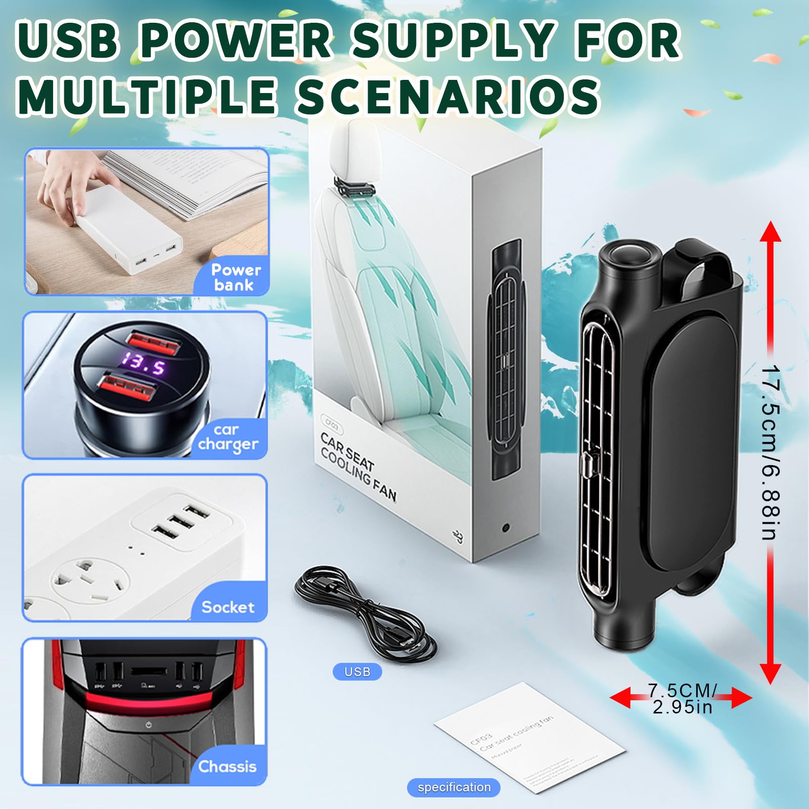 Car Seat Cooling Fan with USB Power – Portable Headrest Ventilator for Front & Rear Seats, 3-Speed Quiet Airflow, Ideal for Cars, SUVs, Trucks, Office Chairs (Black) - Image 5