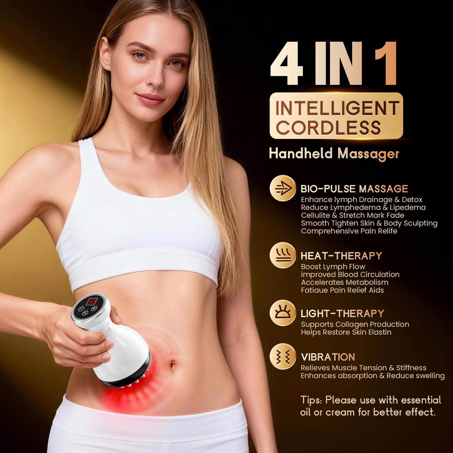 4-in-1 Cordless Body Sculpting Massager – Rechargeable Massage Tool with Heat, Light & Vibration for Skin Tightening & Relaxation (White) - Image 2