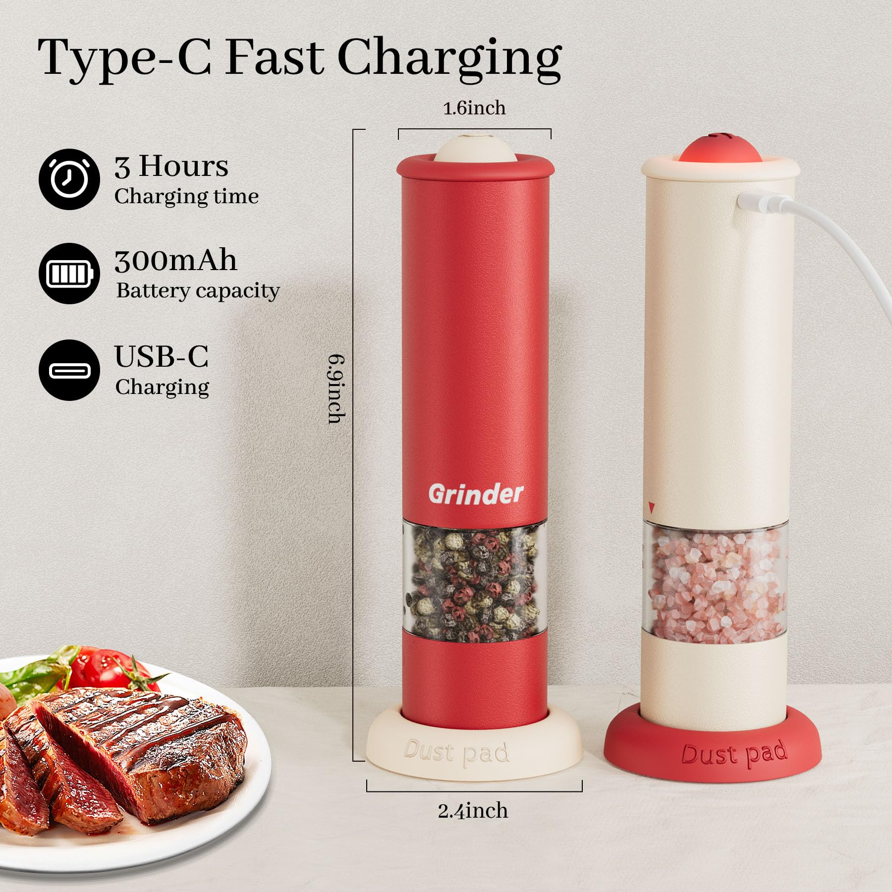 High-Performance USB-C Electric Pepper & Salt Grinder Set – Adjustable Coarseness, One-Touch Operation – Ceramic Grinding, Washable, Fast Charging – Kitchen Essential (Red & White) - Image 5