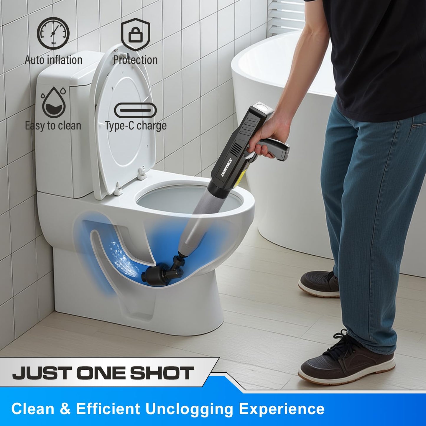 Electric Toilet Plunger with TurboPlunge Technology – Cordless High-Pressure Drain Cleaner, Multi-Head Unclogger, 120° Anti-Splash Design (Black) - Image 2