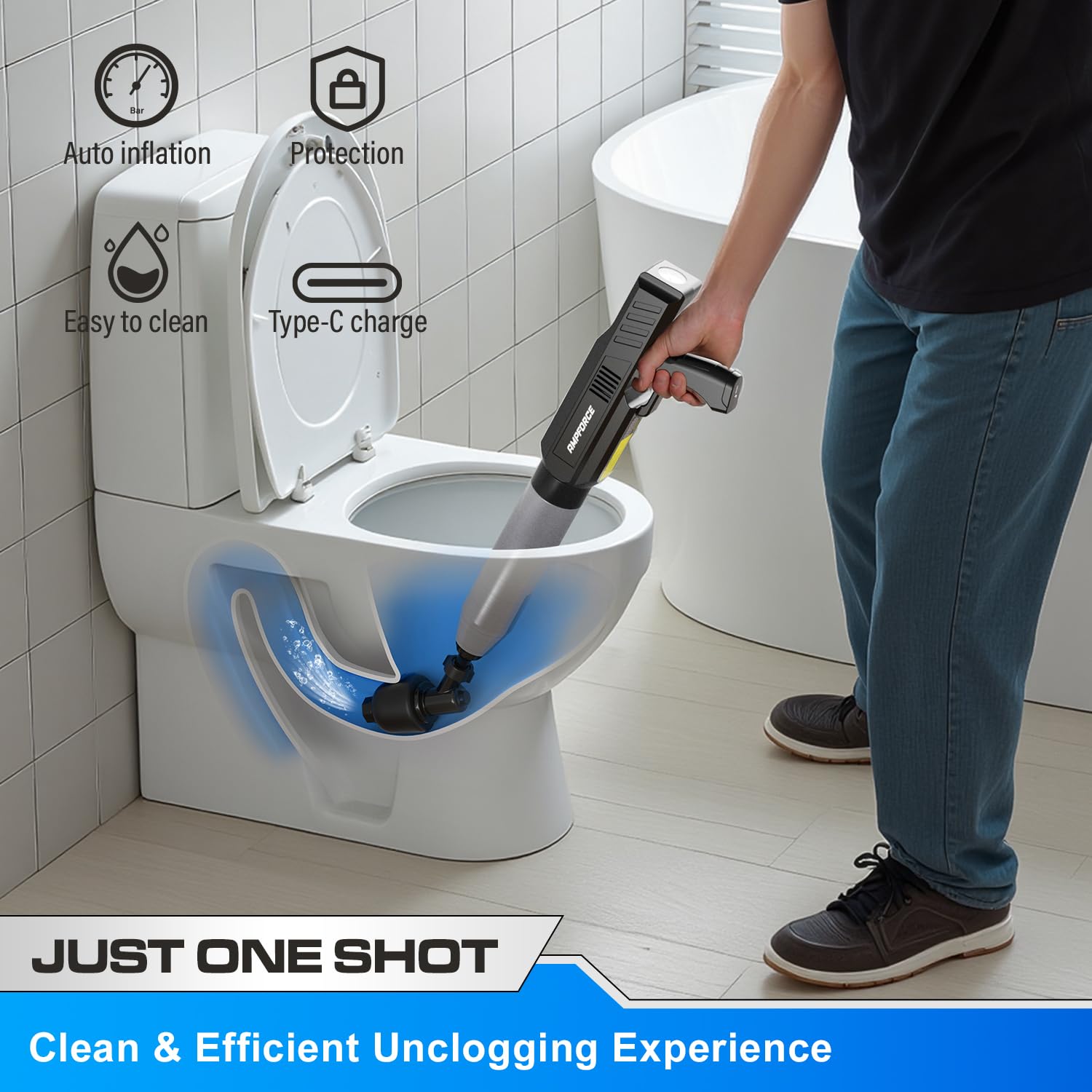 Electric Toilet Plunger with TurboPlunge Technology – Cordless High-Pressure Drain Cleaner, Multi-Head Unclogger, 120° Anti-Splash Design (Black) - Image 2