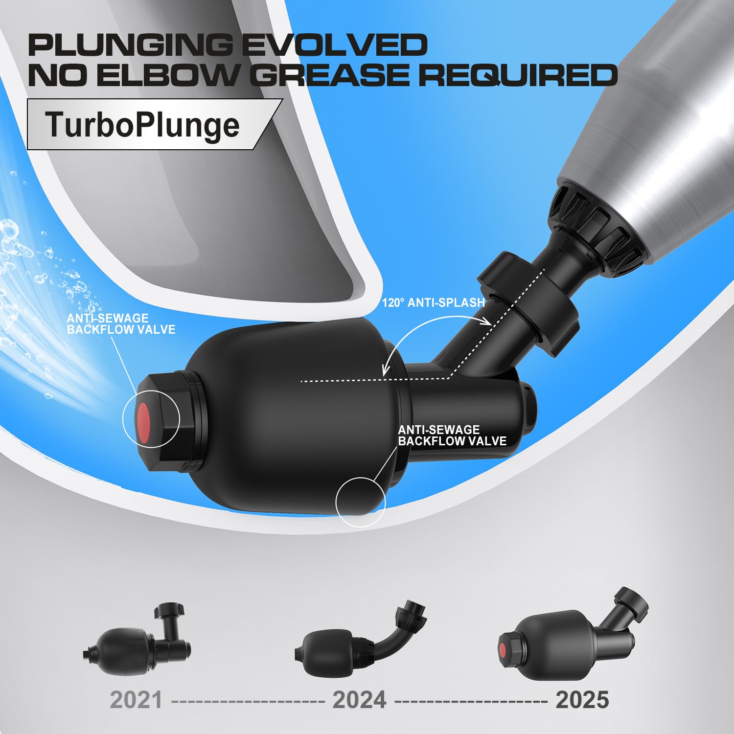 Electric Toilet Plunger with TurboPlunge Technology – Cordless High-Pressure Drain Cleaner, Multi-Head Unclogger, 120° Anti-Splash Design (Black) - Image 5
