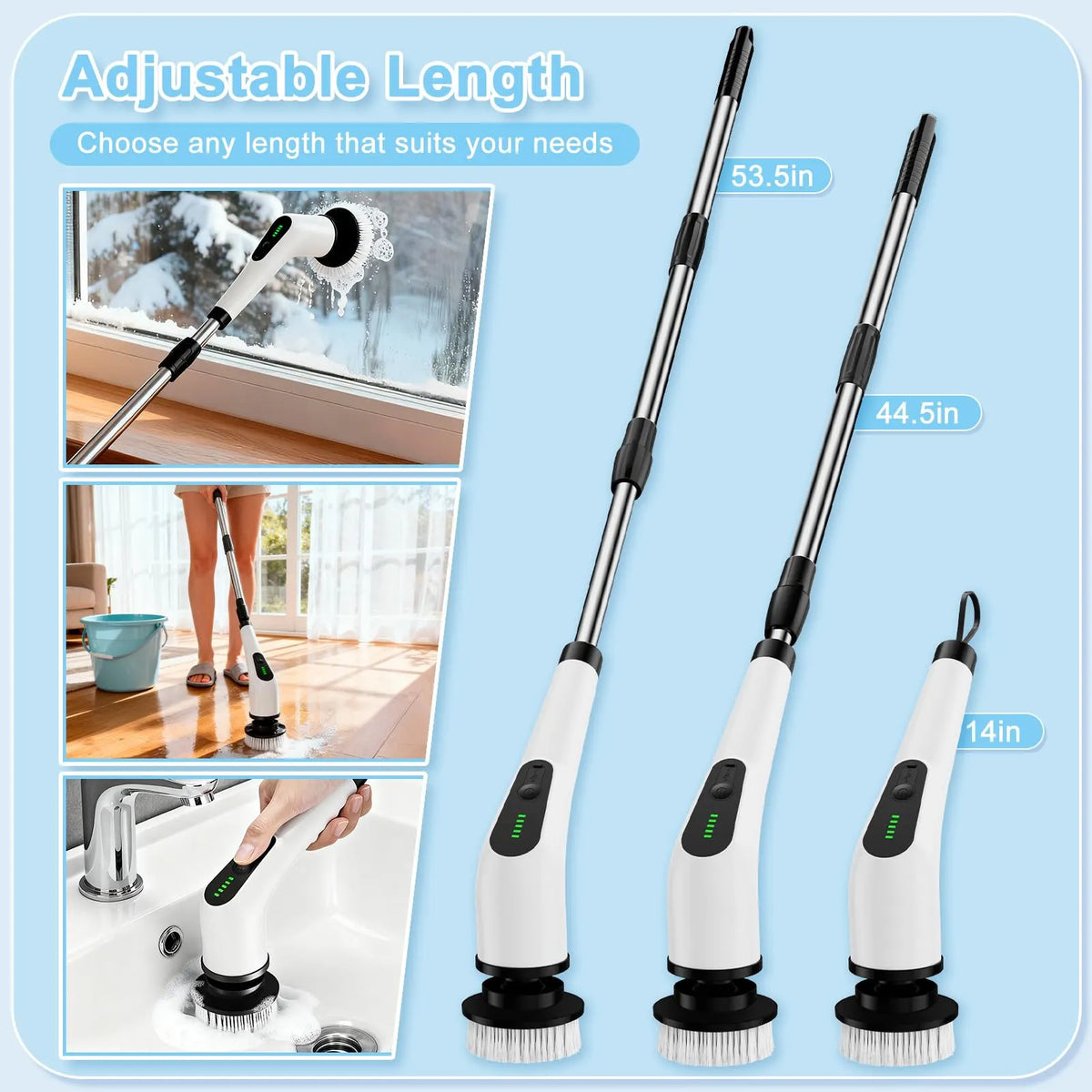 Wireless Electric Cleaning Brush with 8 Replaceable Heads – Adjustable Extendable Handle for Bathroom, Kitchen, Tiles & Car (White) - Image 5