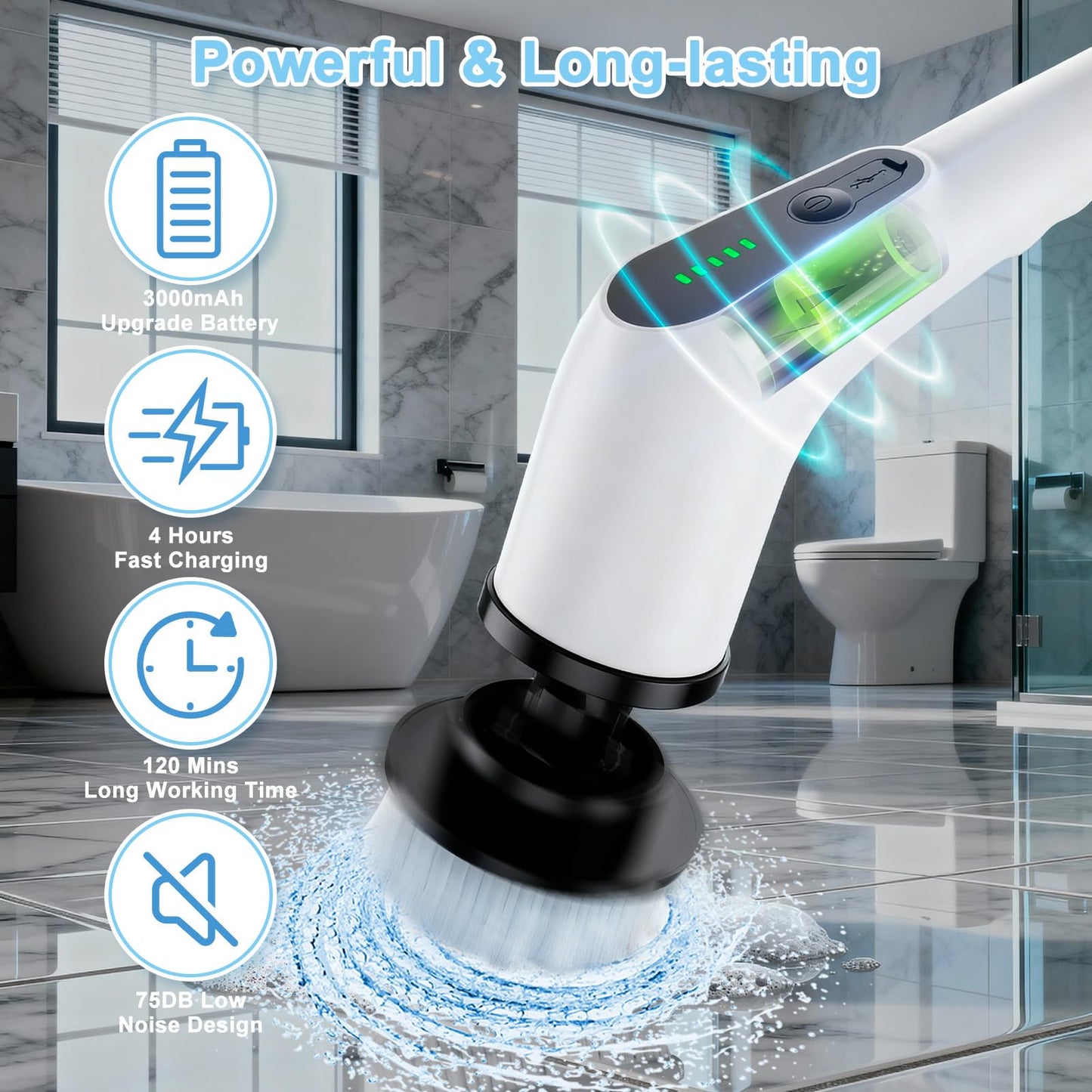 Wireless Electric Cleaning Brush with 8 Replaceable Heads – Adjustable Extendable Handle for Bathroom, Kitchen, Tiles & Car (White) - Image 6