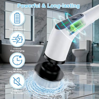 Wireless Electric Cleaning Brush with 8 Replaceable Heads – Adjustable Extendable Handle for Bathroom, Kitchen, Tiles & Car (White) - Image 6