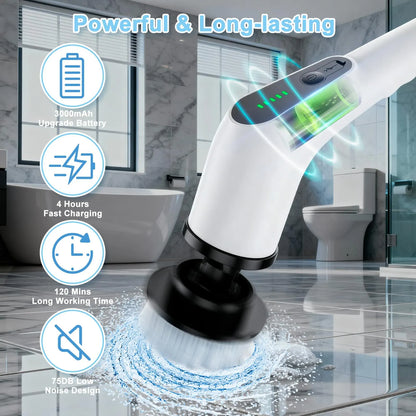 Wireless Electric Cleaning Brush with 8 Replaceable Heads – Adjustable Extendable Handle for Bathroom, Kitchen, Tiles & Car (White) - Image 6