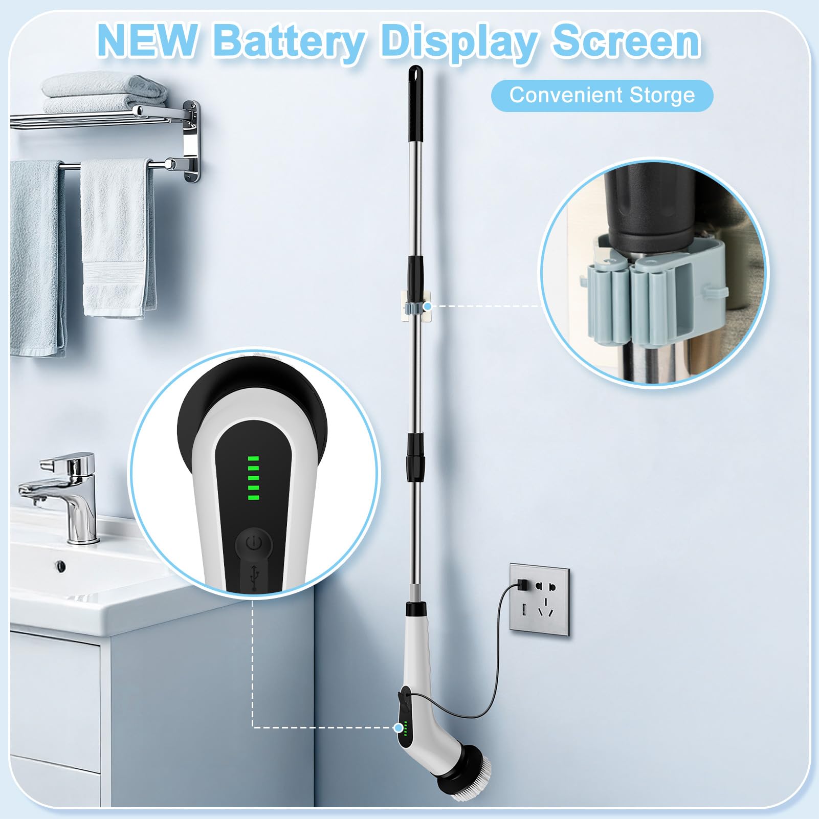 Wireless Electric Cleaning Brush with 8 Replaceable Heads – Adjustable Extendable Handle for Bathroom, Kitchen, Tiles & Car (White) - Image 7