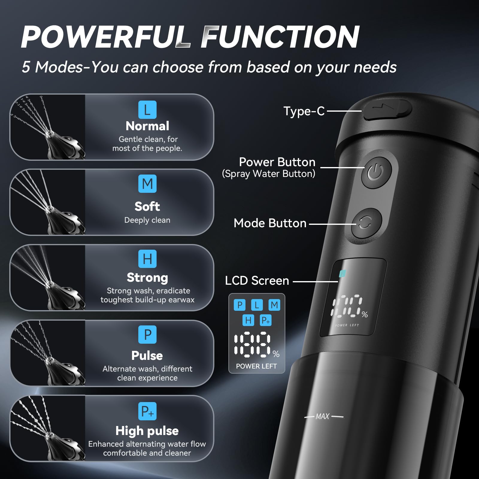 Electric Ear Cleaner with 5 Modes – Rechargeable Ear Irrigator with LCD Display, Foldable Nozzle, and Soft Silicone Tips for Safe Earwax Removal at Home or Travel (Black) - Image 3