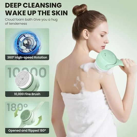 Electric Shower Body Scrubber Brush with 4 Heads, IPX5 Waterproof Rechargeable Back Cleaner for Exfoliating & Massage, 2-Speed Rotating Bath Brush for Sensitive Skin (Green) - Image 2