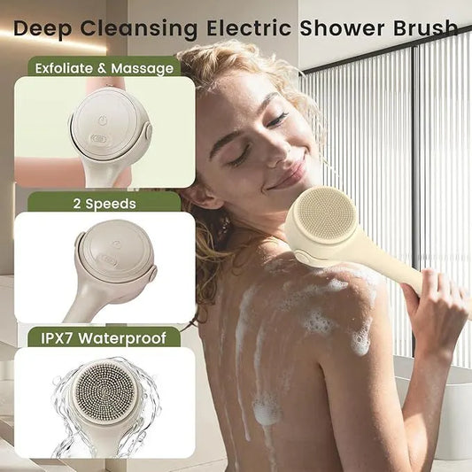 Electric Shower Body Scrubber Brush with 4 Heads, IPX5 Waterproof Rechargeable Back Cleaner for Exfoliating & Massage, 2-Speed Rotating Bath Brush for Sensitive Skin (Milk coffee) - Image 2