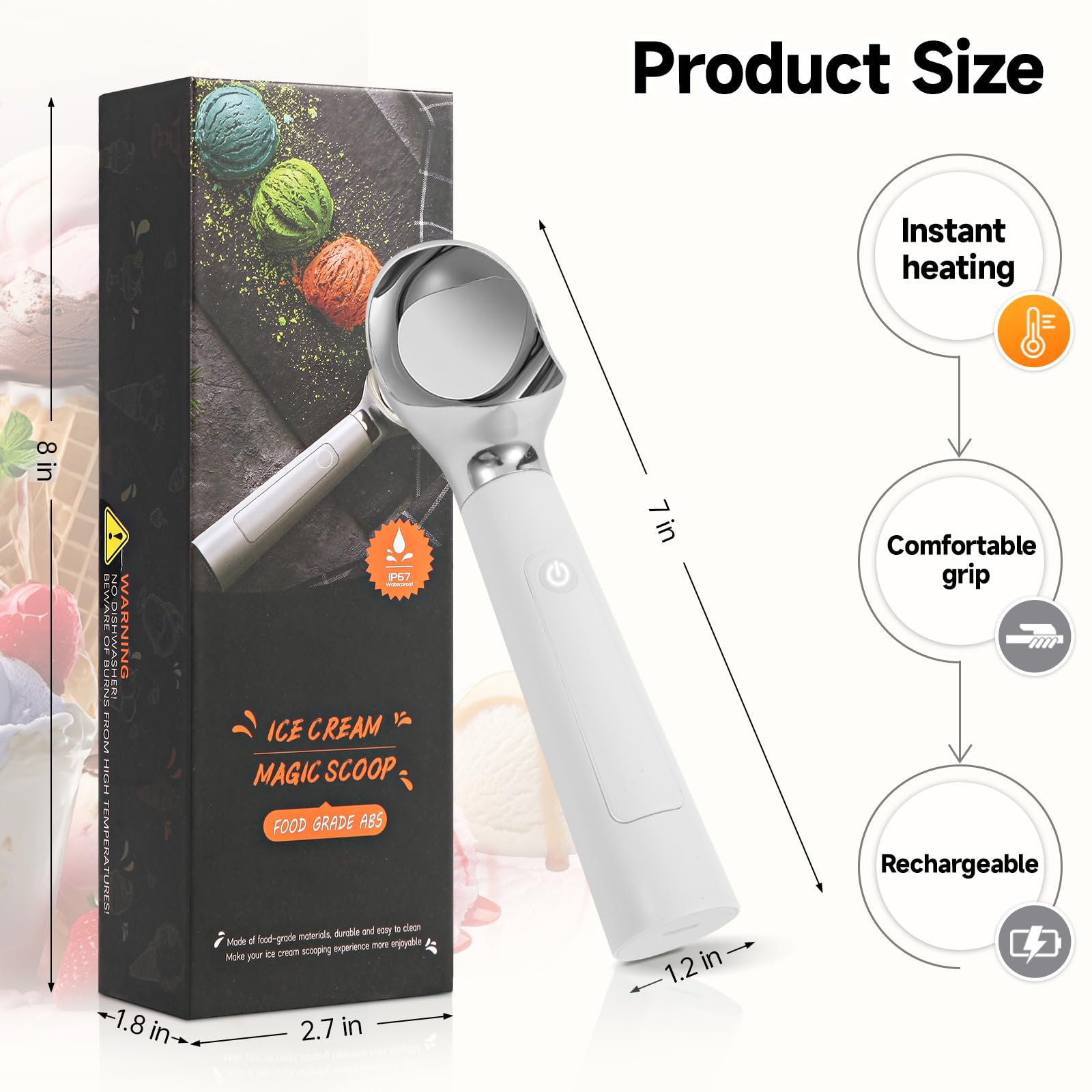 Heated Ice Cream Scoop with LED Display & 3400mAh Battery – Rechargeable, IP67 Waterproof, Instant Heating for Hard Ice Cream, Suitable for Home and Commercial Use (White) - Image 3