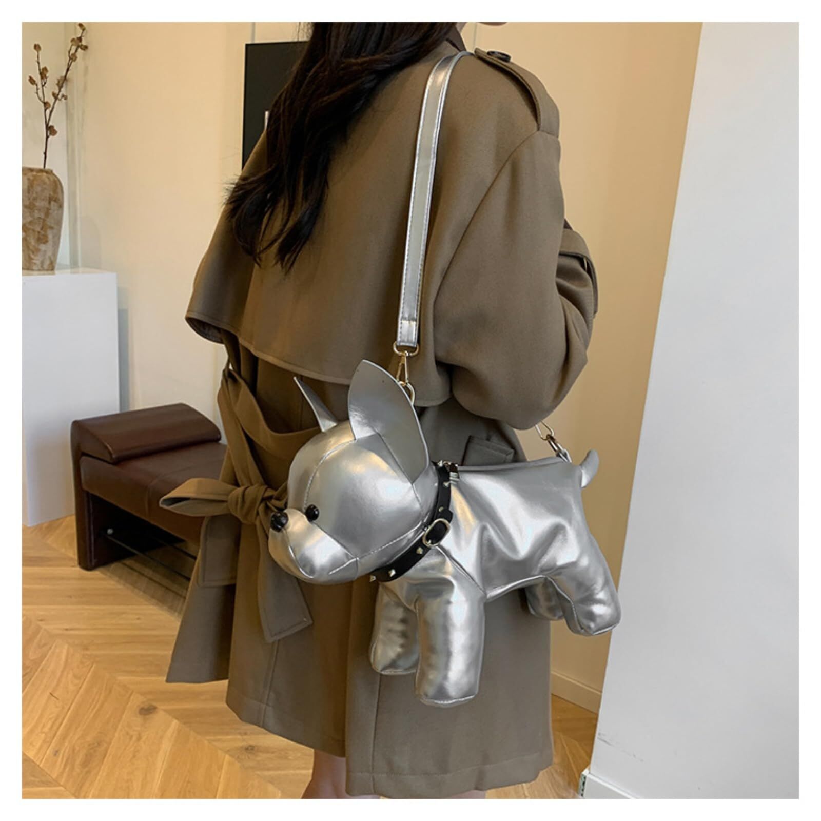 French Bulldog Shaped Bag – Cute Animal Crossbody Shoulder Bag with Adjustable Strap, PU Leather Dog Backpack for Women, Fashion Statement Accessory (Silver) - Image 6