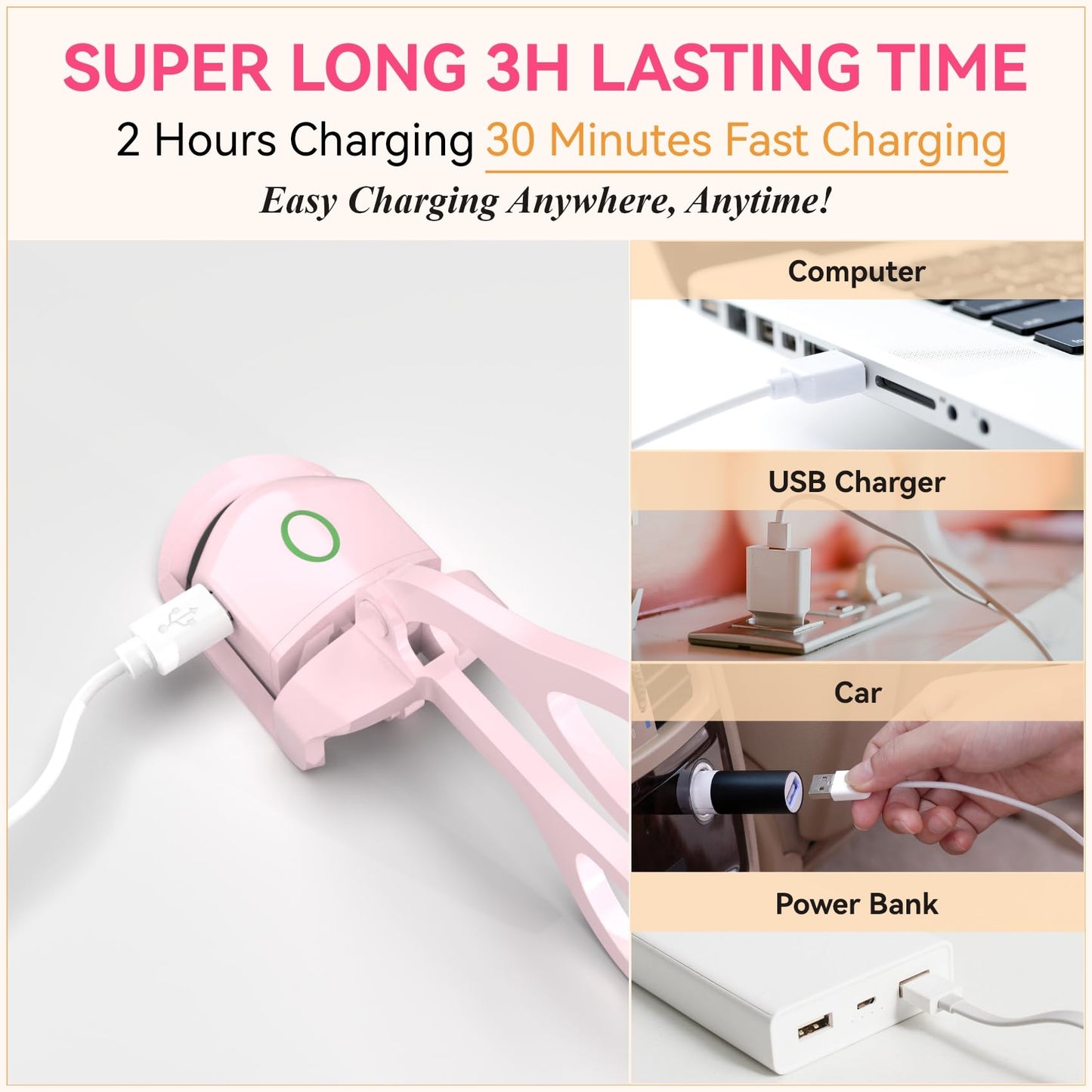 Electric Heated Eyelash Curler – 24H Long-Lasting Curl, USB Rechargeable, Dual Temperature Modes, Fast Heating in 10 Seconds, Portable & Lightweight (Pink) - Image 5