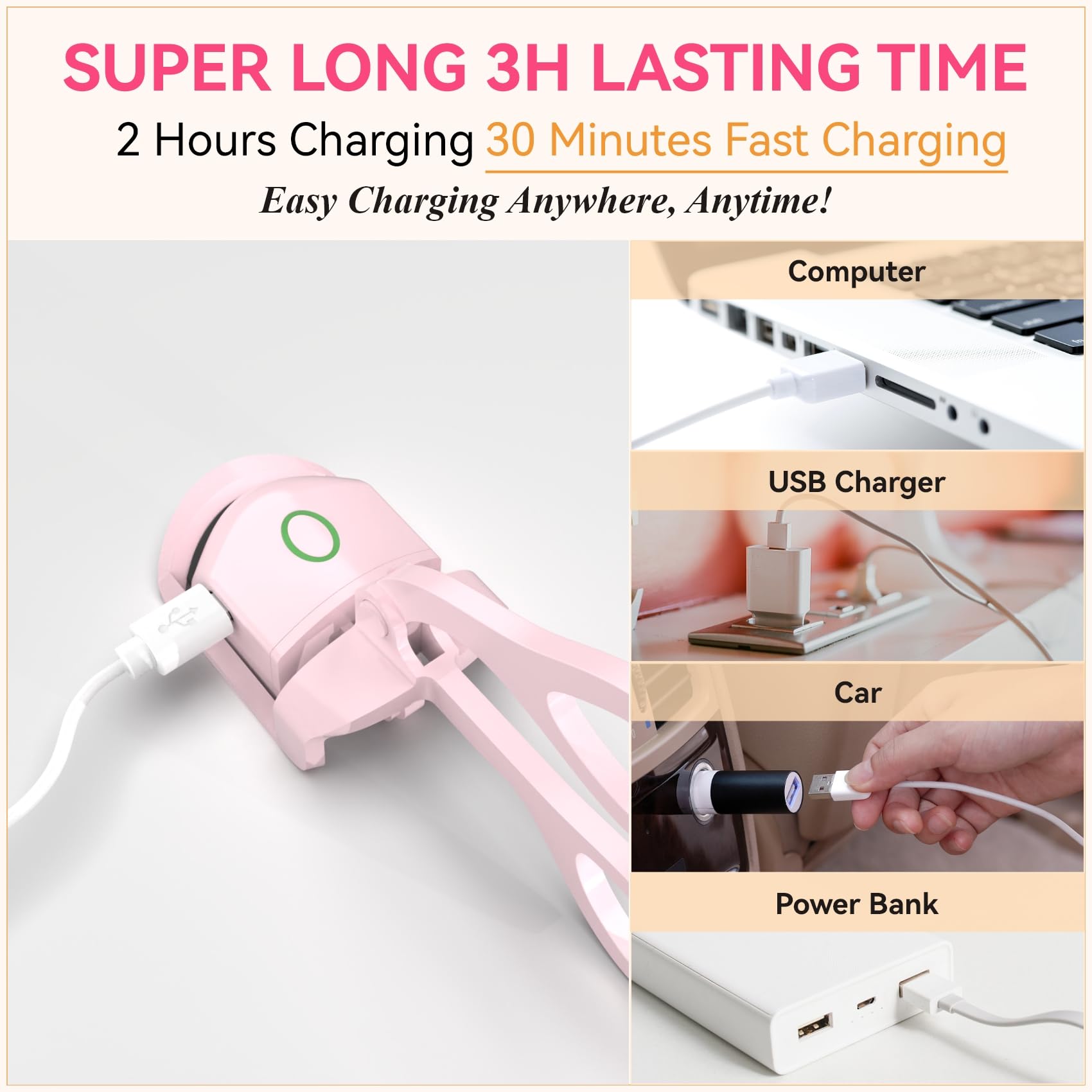 Electric Heated Eyelash Curler – 24H Long-Lasting Curl, USB Rechargeable, Dual Temperature Modes, Fast Heating in 10 Seconds, Portable & Lightweight (Pink) - Image 5