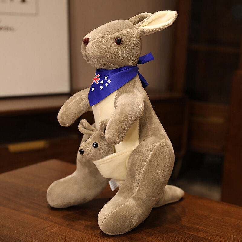 Kangaroo Stuffed Animal with Joey in Pouch & Australia Scarf - Soft Cuddly Plush Toy(55cm, light grey)| Other Colors Available in Store