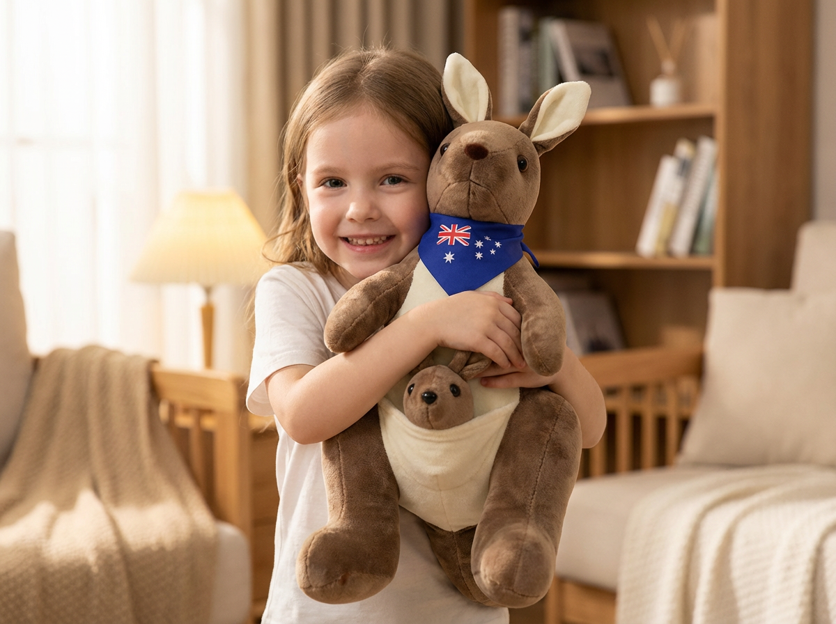 Kangaroo Stuffed Animal with Joey in Pouch & Australia Scarf - Soft Cuddly Plush Toy(45cm, Dark brown
)| Other Colors Available in Store - Image 2