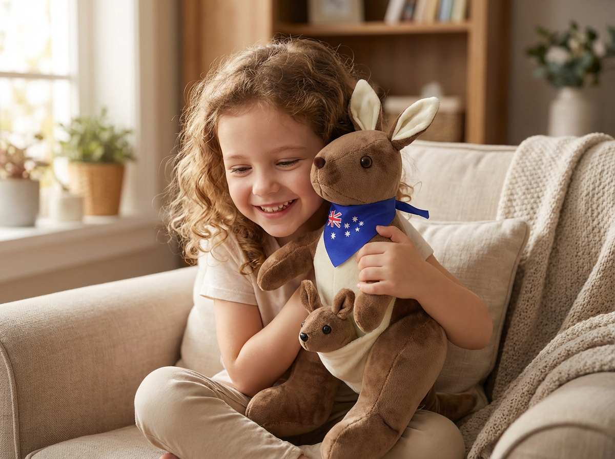 Kangaroo Stuffed Animal with Joey in Pouch & Australia Scarf - Soft Cuddly Plush Toy(45cm, Dark brown
)| Other Colors Available in Store - Image 3