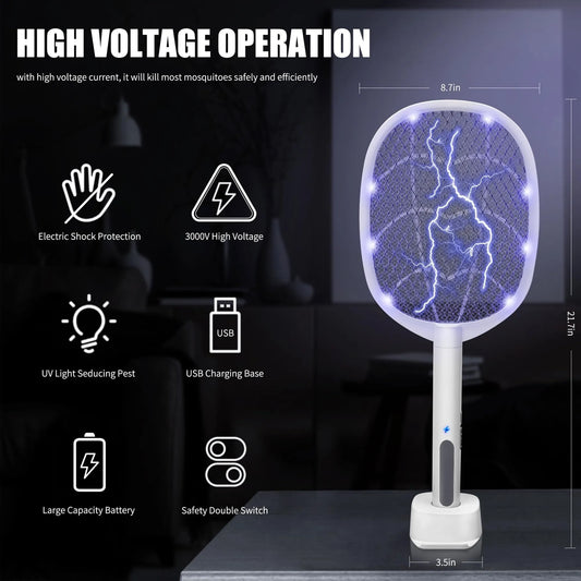 Dual-Mode UV Electric Mosquito Swatter with LED Attraction & 3000V Zapper – Rechargeable Bug Killer for Indoor and Outdoor Use (White) - Image 2