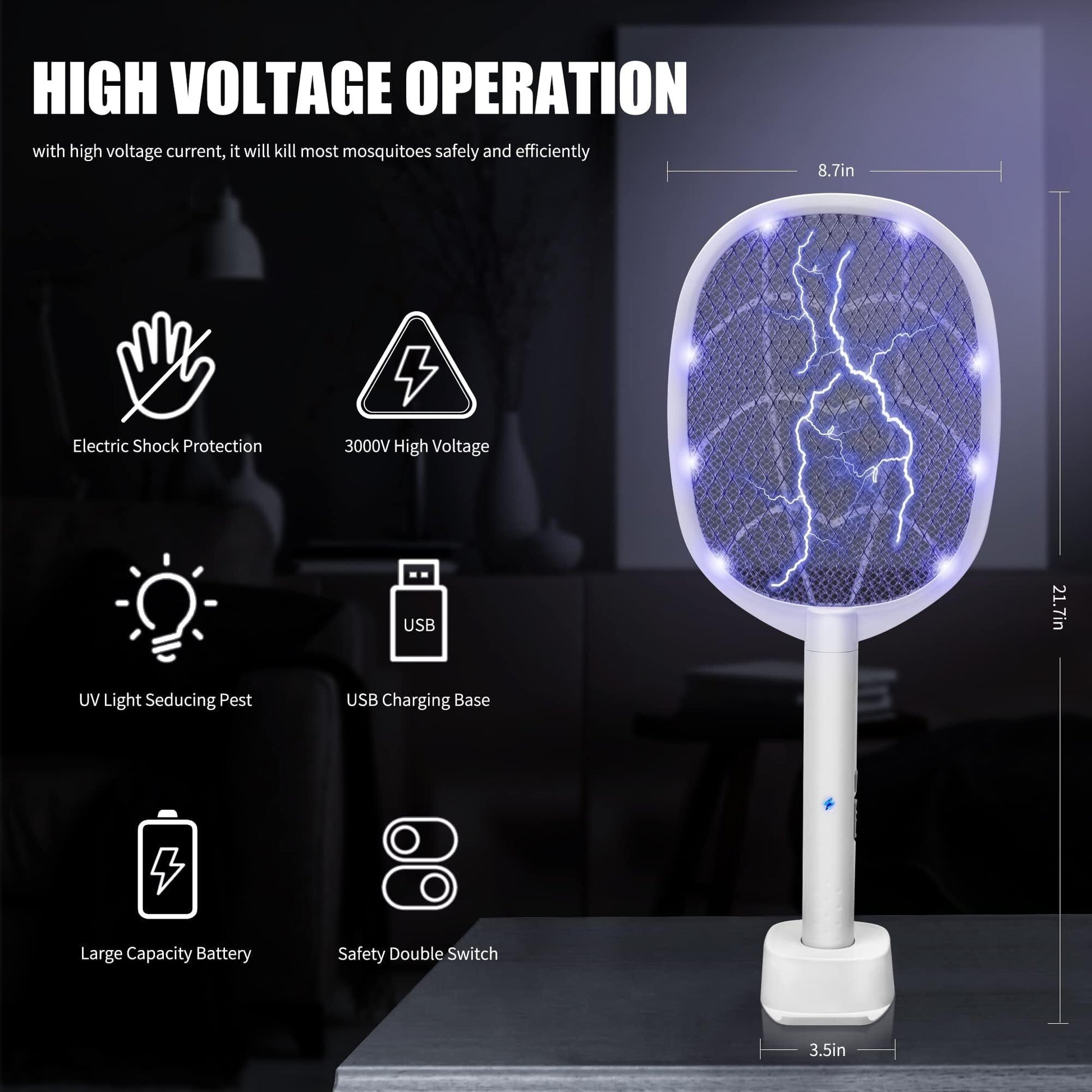 Dual-Mode UV Electric Mosquito Swatter with LED Attraction & 3000V Zapper – Rechargeable Bug Killer for Indoor and Outdoor Use (White) - Image 3