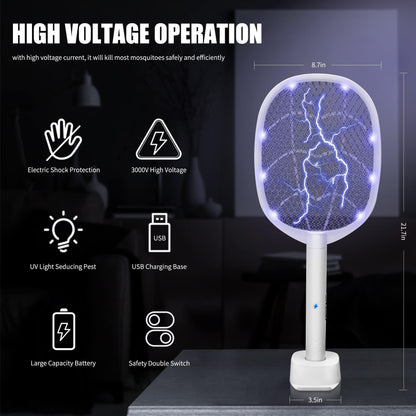 Dual-Mode UV Electric Mosquito Swatter with LED Attraction & 3000V Zapper – Rechargeable Bug Killer for Indoor and Outdoor Use (White) - Image 3