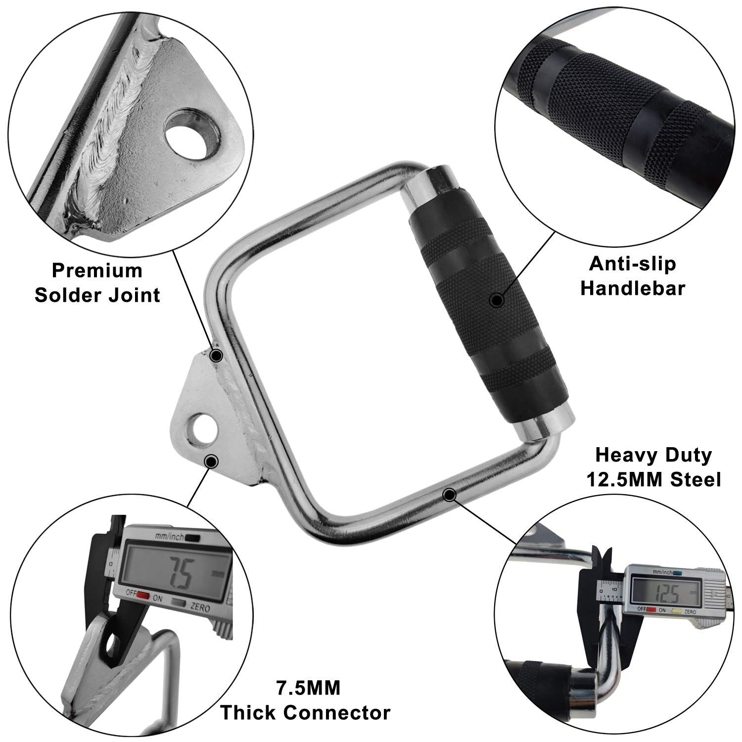 Solid D-Handle Cable Attachment for Home Gym & Cable Machine – Chrome-Finished Steel Bar with Anti-Slip Grip (Black) | - Image 2