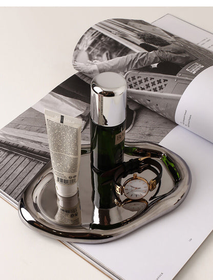 Silver Plated Ceramic Tray Set (Round & Long Shapes) – Minimalist Luxury Decorative Organizer for Jewelry, Vanity & Home Display| Other Styles Available in Store - Image 3