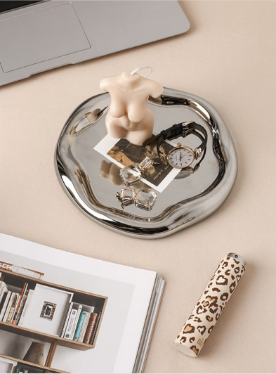 Silver Plated Ceramic Tray Set (Round & Long Shapes) – Minimalist Luxury Decorative Organizer for Jewelry, Vanity & Home Display| Other Styles Available in Store - Image 4