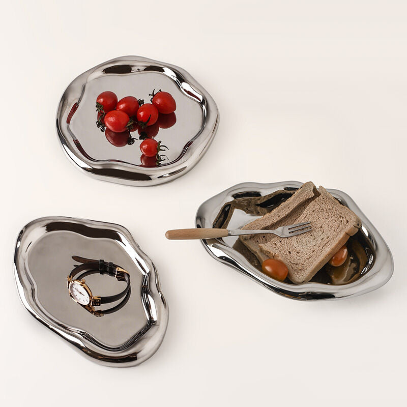 Silver Plated Ceramic Tray Set (Round & Long Shapes) – Minimalist Luxury Decorative Organizer for Jewelry, Vanity & Home Display| Other Styles Available in Store - Image 5