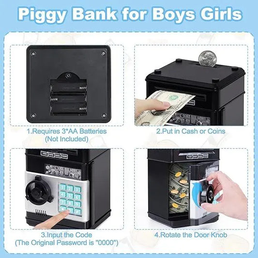 Smart ATM Piggy Bank with Password Lock & Coin Slot – Educational Money Box for Kids, Saves Coins & Bills (Black) | Other Colors Available In-Store - Image 4