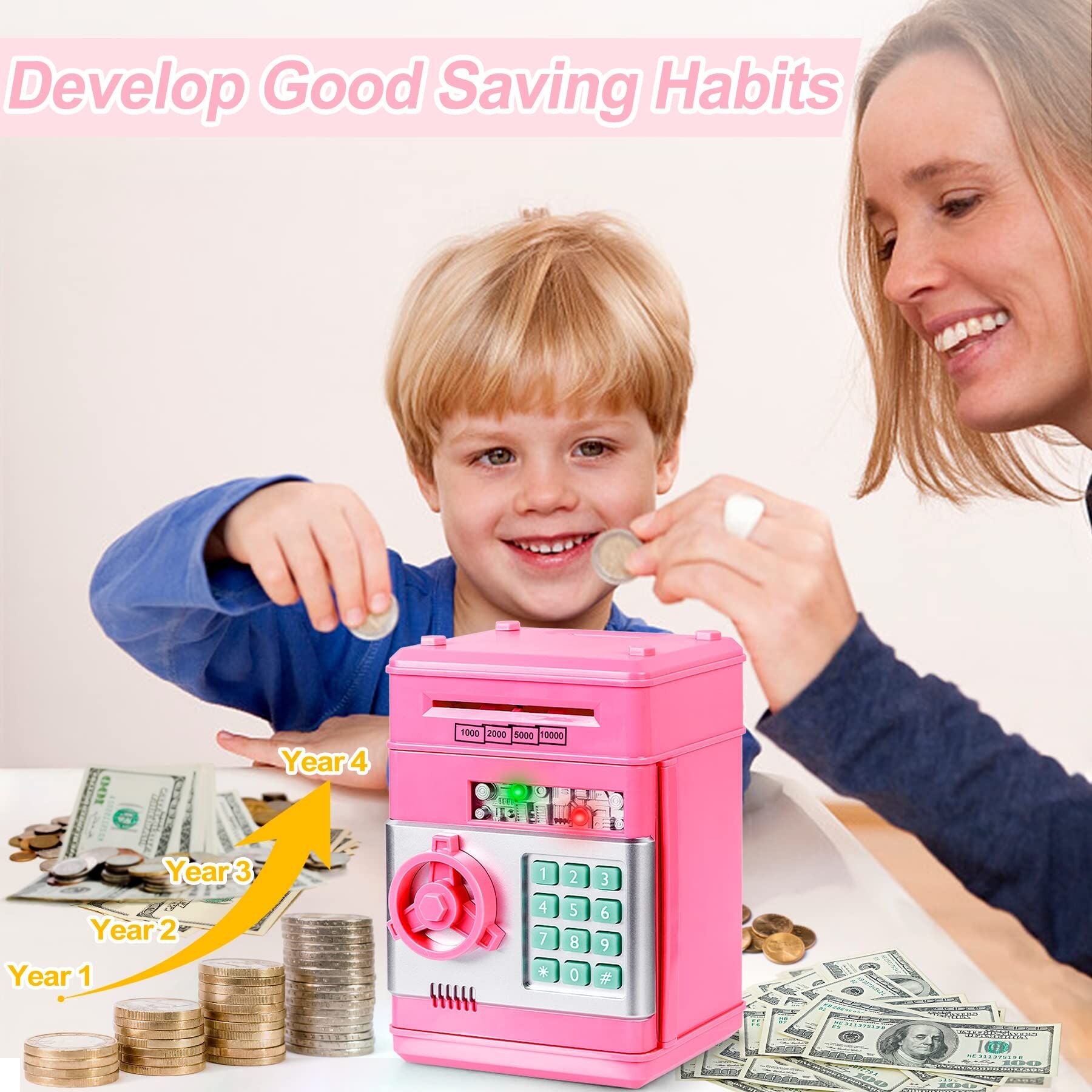 Smart ATM Piggy Bank with Password Lock & Coin Slot – Educational Money Box for Kids, Saves Coins & Bills (Pink) | Other Colors Available In-Store - Image 2