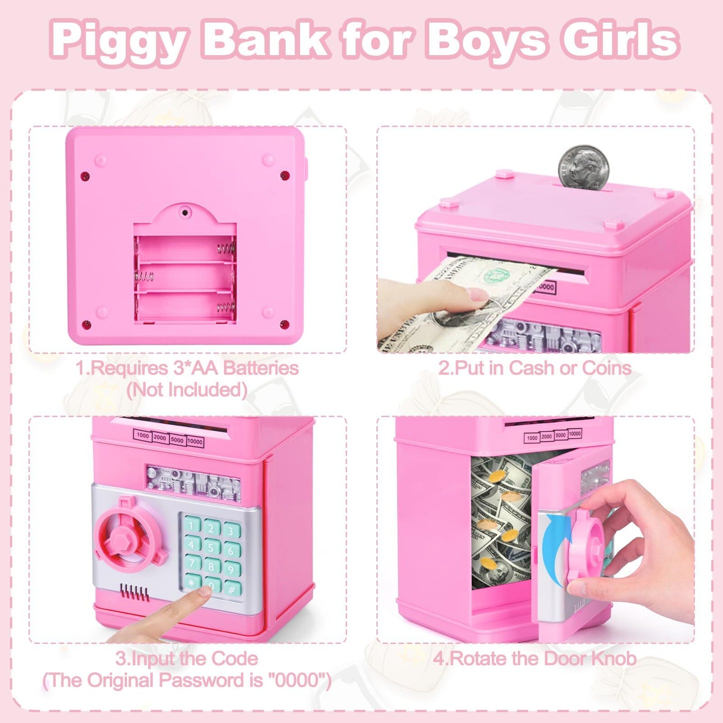 Smart ATM Piggy Bank with Password Lock & Coin Slot – Educational Money Box for Kids, Saves Coins & Bills (Pink) | Other Colors Available In-Store - Image 4