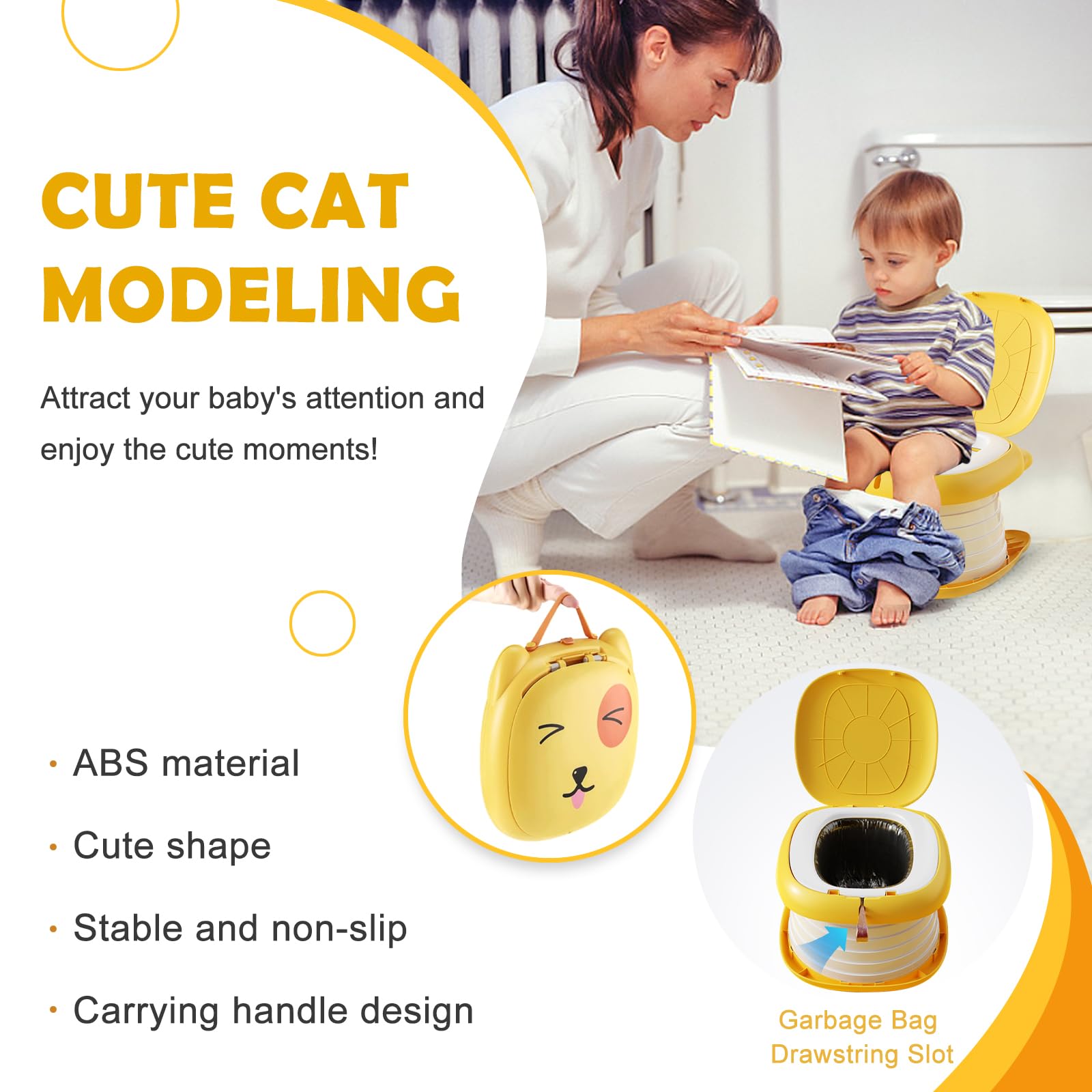 Portable Folding Potty for Toddlers – Compact Travel Toilet with Cat Design, Easy to Carry & Clean, Ideal for Home, Car, Camping, Outdoor Use (Yellow) - Image 6
