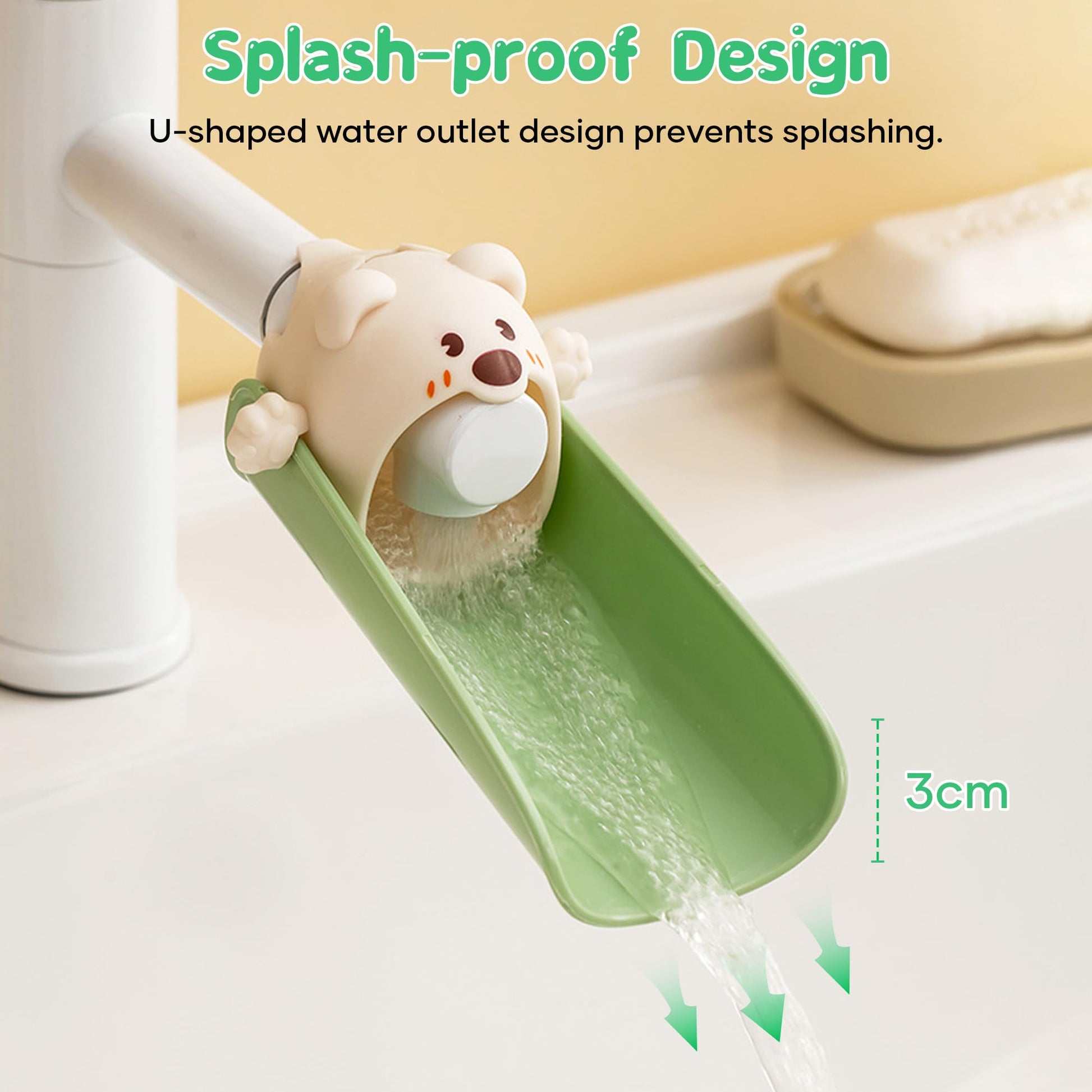 Cute Cartoon Faucet Extender for Kids – 14cm Water Flow Extension, Splash-Proof Hand Washing Aid for Toddlers, BPA-Free, Compatible with Most Kitchen and Bathroom Faucets (Yellow & Green) - Image 4