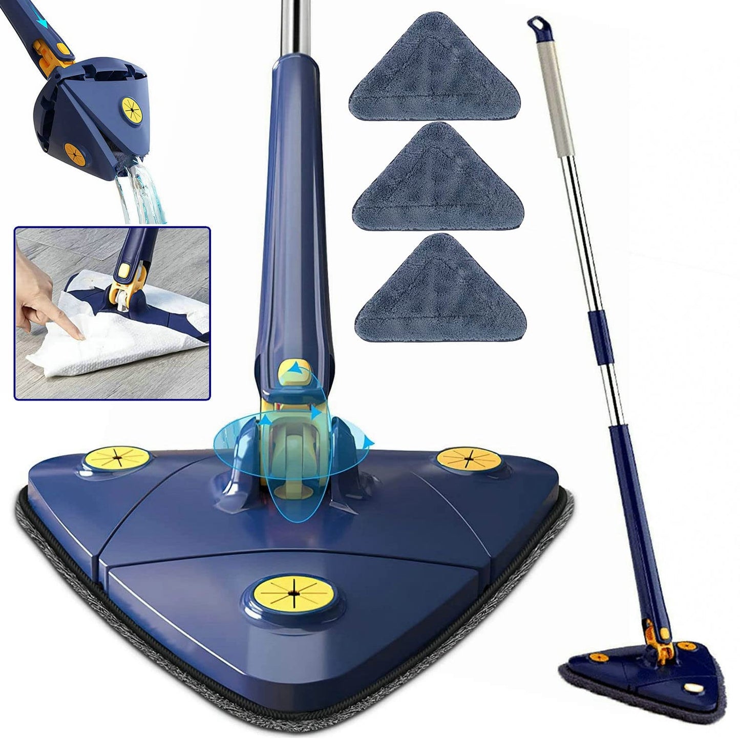 360° Rotating Triangular Floor Mop with Auto-Squeeze System – Easy Twist, No-Hand Squeezing, Reusable Microfiber Cloths for Hard Floors, Windows, and Corners (Blue) - Image 3