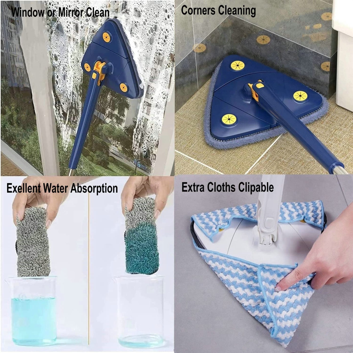 360° Rotating Triangular Floor Mop with Auto-Squeeze System – Easy Twist, No-Hand Squeezing, Reusable Microfiber Cloths for Hard Floors, Windows, and Corners (Blue) - Image 6