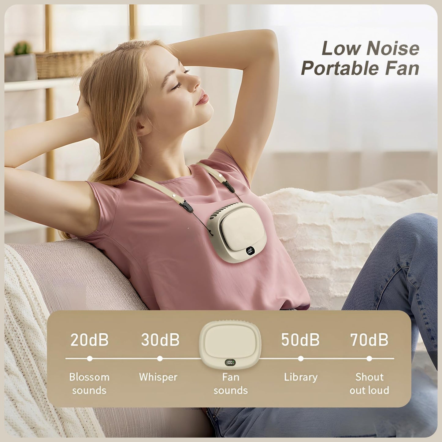 Portable Neck Fan with 5 Speeds – Rechargeable USB Mini Fan for Outdoor Travel, Work & Camping – Silent Personal Cooling Fan (Beige) - Image 3
