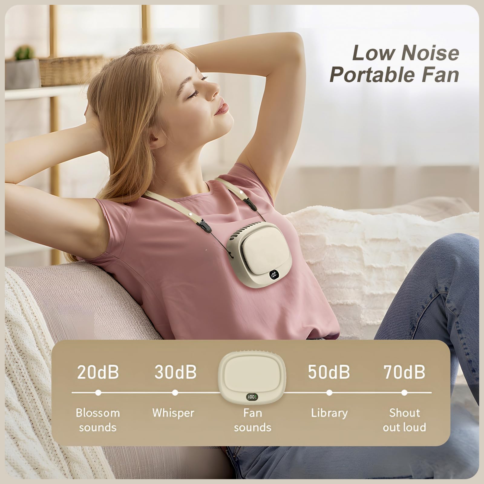Portable Neck Fan with 5 Speeds – Rechargeable USB Mini Fan for Outdoor Travel, Work & Camping – Silent Personal Cooling Fan (Beige) - Image 3